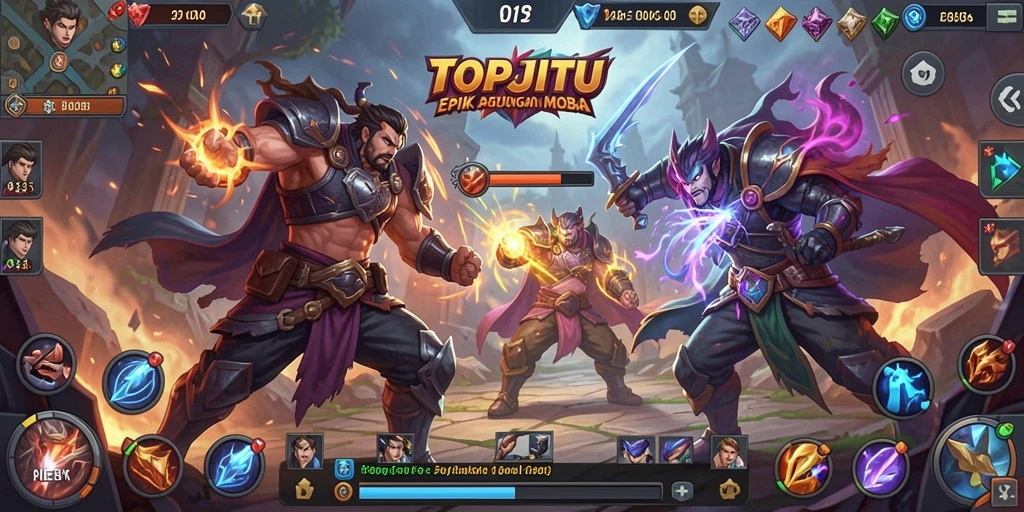 Screenshot utama gameplay MOBA dengan aksi seru.